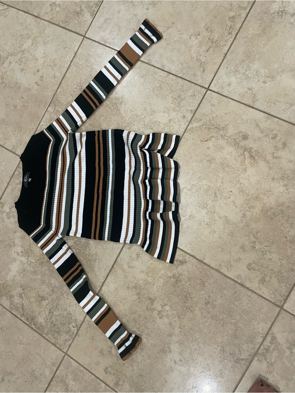 Girls' Striped Long Sleeve Knit Dress Top in Black, White & Brown